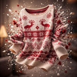 💙Festive Reindeer Knit Sweater - Red and Cream